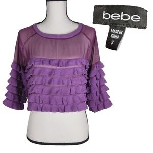 Bebe purple ruffle crop top with mesh size Small